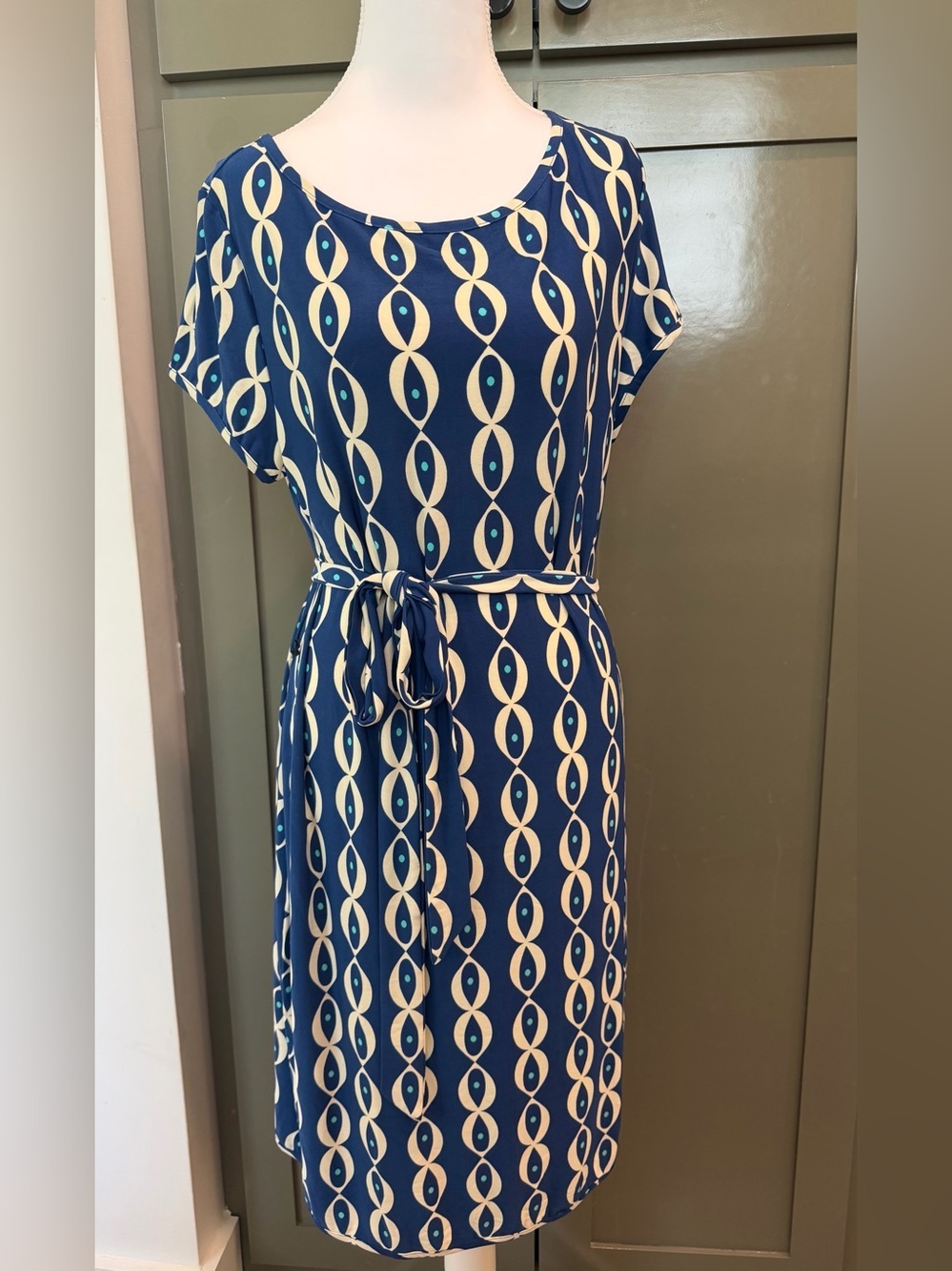 Leota Blue and Cream Geometric Midi Dress - NWT